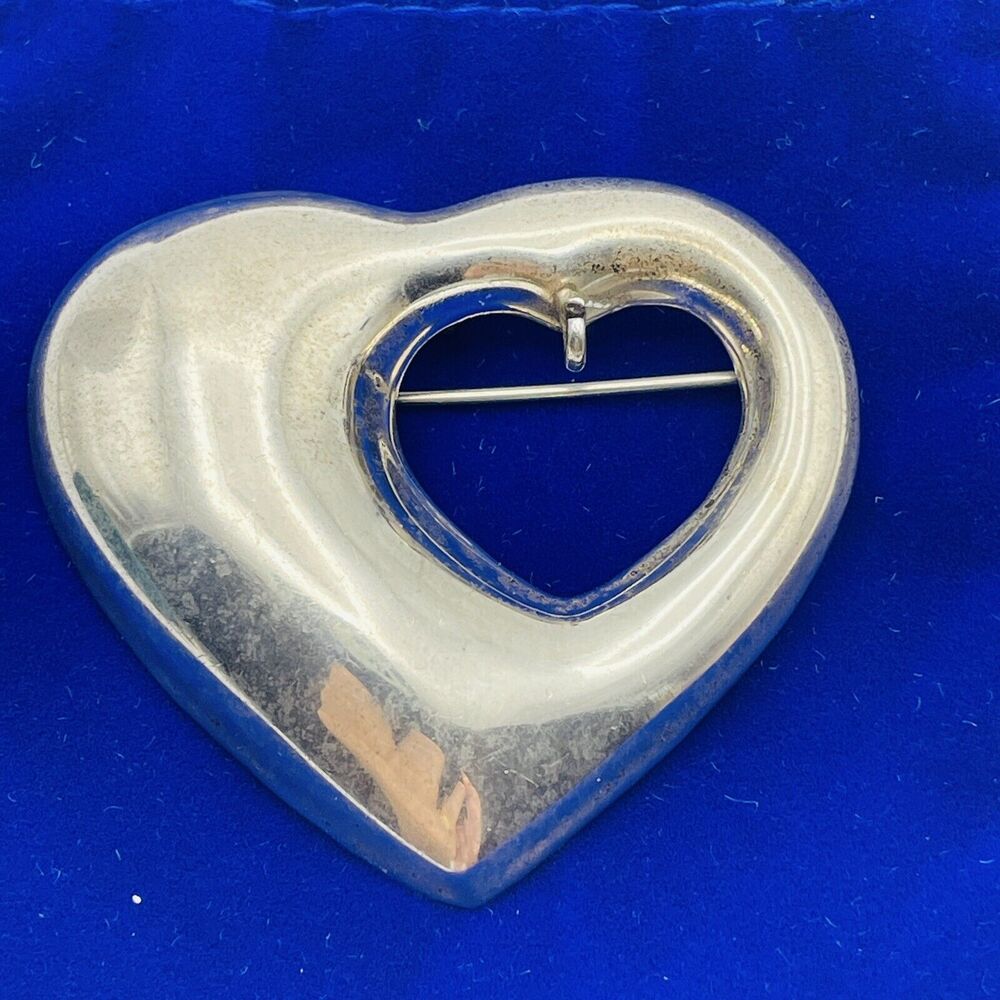 VTG 2" Taxco Sterling Silver Puffy Heart Pin Pendant TS-74 Mexico 925 Signed M